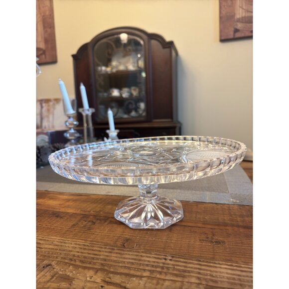 Vintage Cut Glass Cake Stand With Floral & Starburst Design - Picture 5 of 7